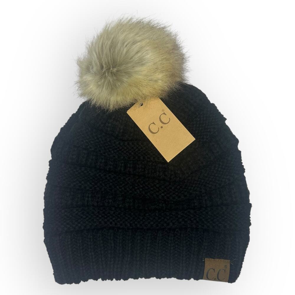 C.C NWT Fur Pom CC Beanie HAT43 Black With Natural Pom Winter Hat Slouchy